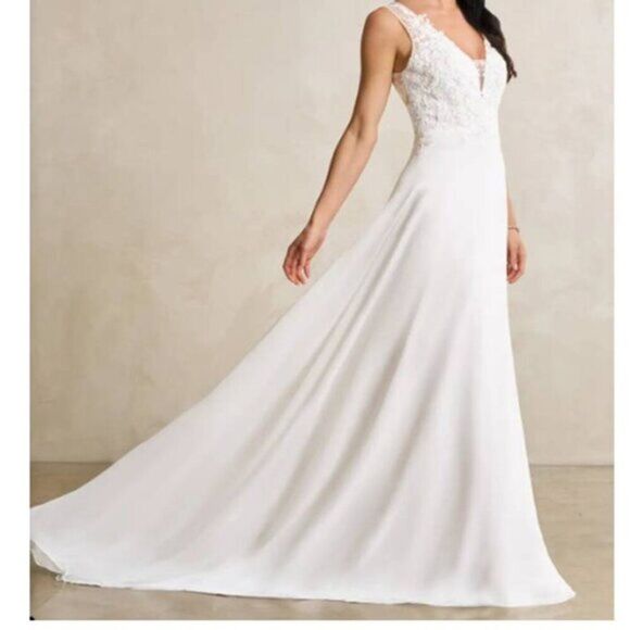 Azazie Women's Elegant Chiffon Lace Sequins Diamond‎ White Wedding Dress Size 0 - Picture 1 of 5